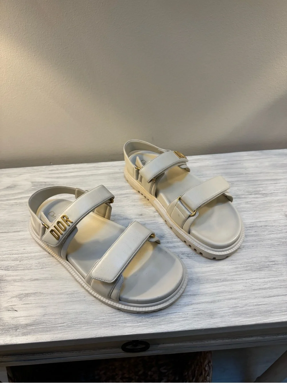 Authentic Dior Cream Lambskin Leather Logo Sandals with Gold Hardware